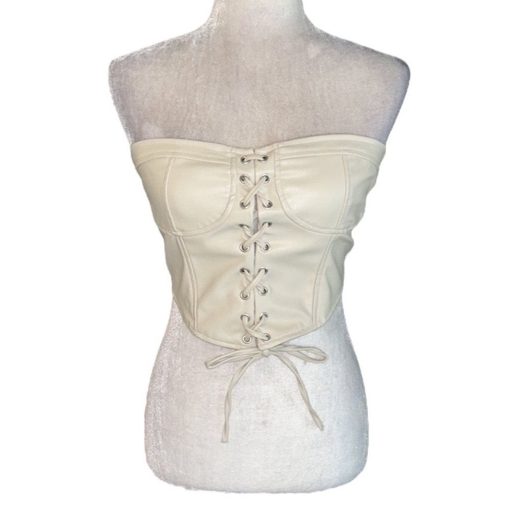 NWT Zara Ecru Faux Leather Lace-Up Strapless Cropped Corset Bustier Top - M